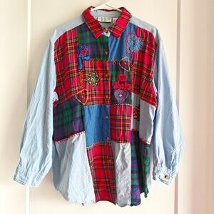 Vintage Victoria Jones Woman Denim Applique Patchwork Button Up Collared Shirt